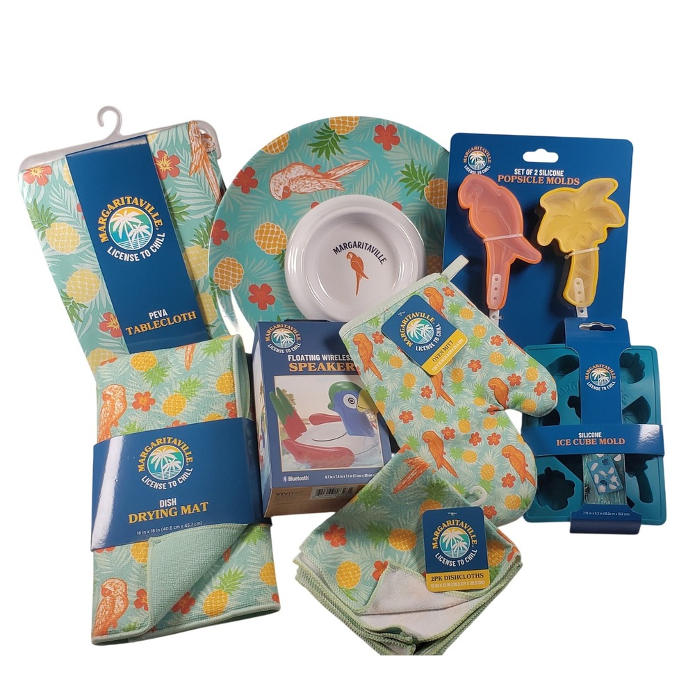 Margaritaville NEW 8Pc Kitchen & Pool Set SPEAKER Tablecloth Molds Dip Platter